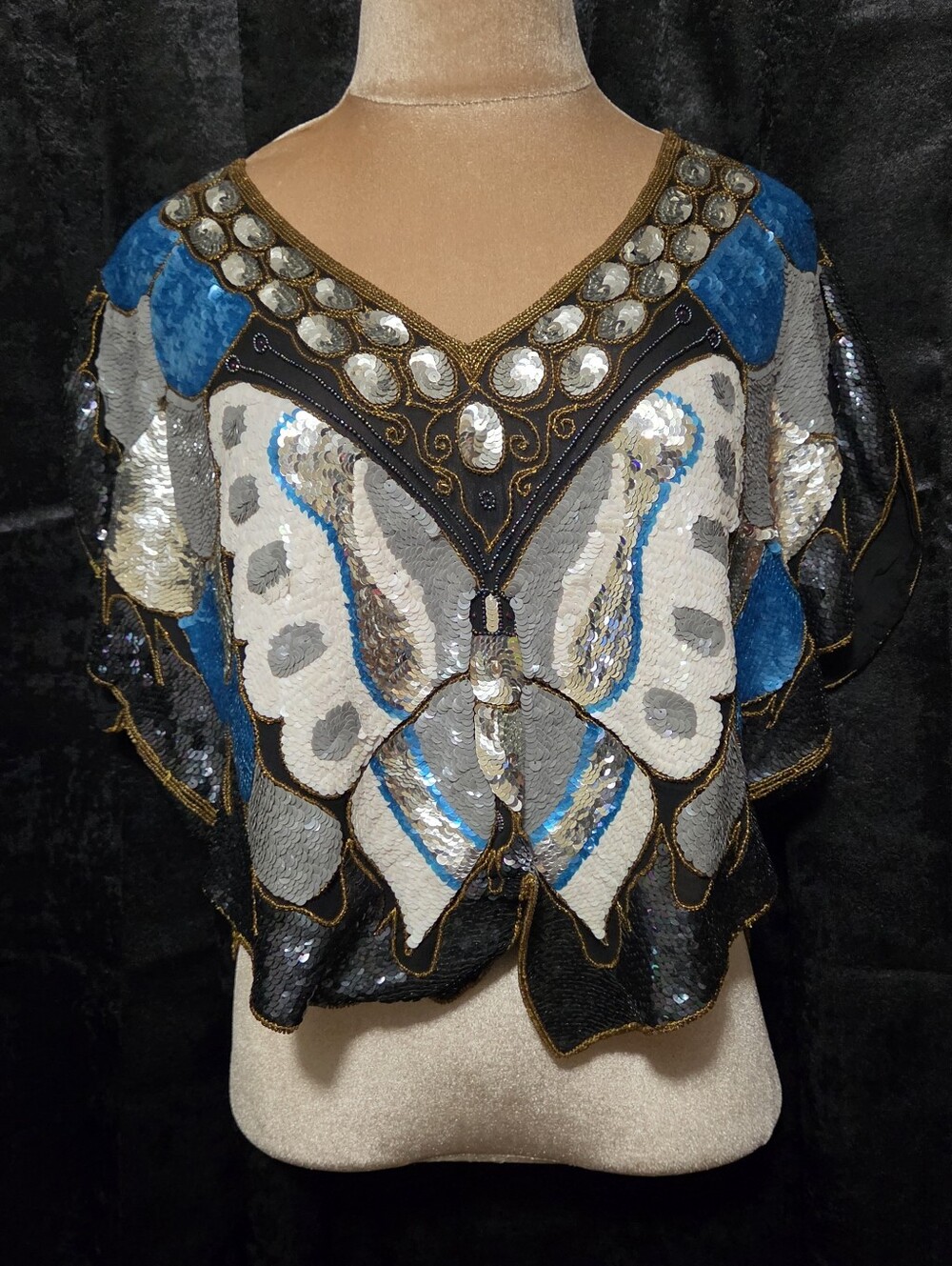 1980s Vintage STAR GROUP Small 1Sequined Butterfly Top in Blue, Silver & Black